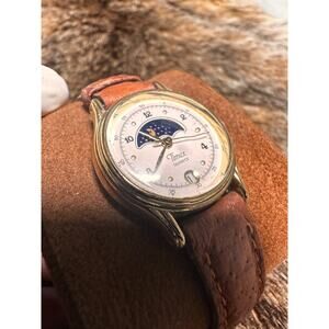 Vintage Timex Moon Phase Watch Women 24mm Gold Leather Band Date New Battery